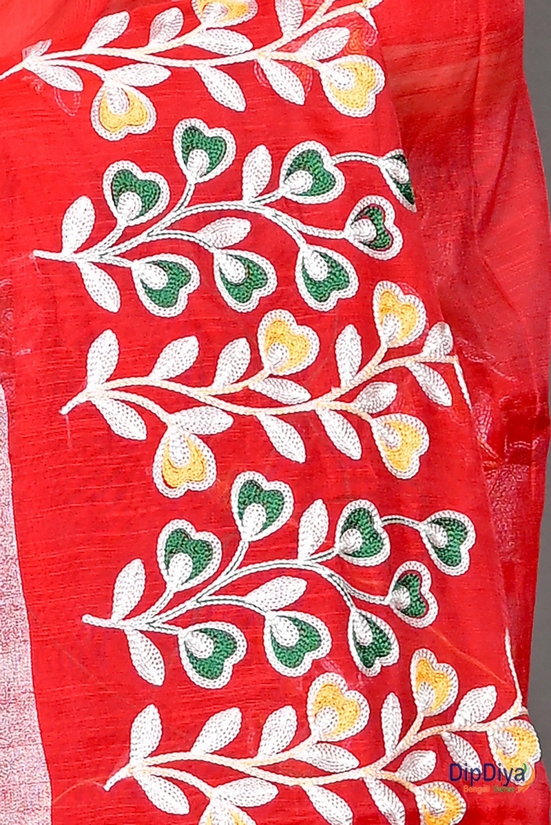 Red Cotton Blended Paroni Embroidery Handloom saree (492)